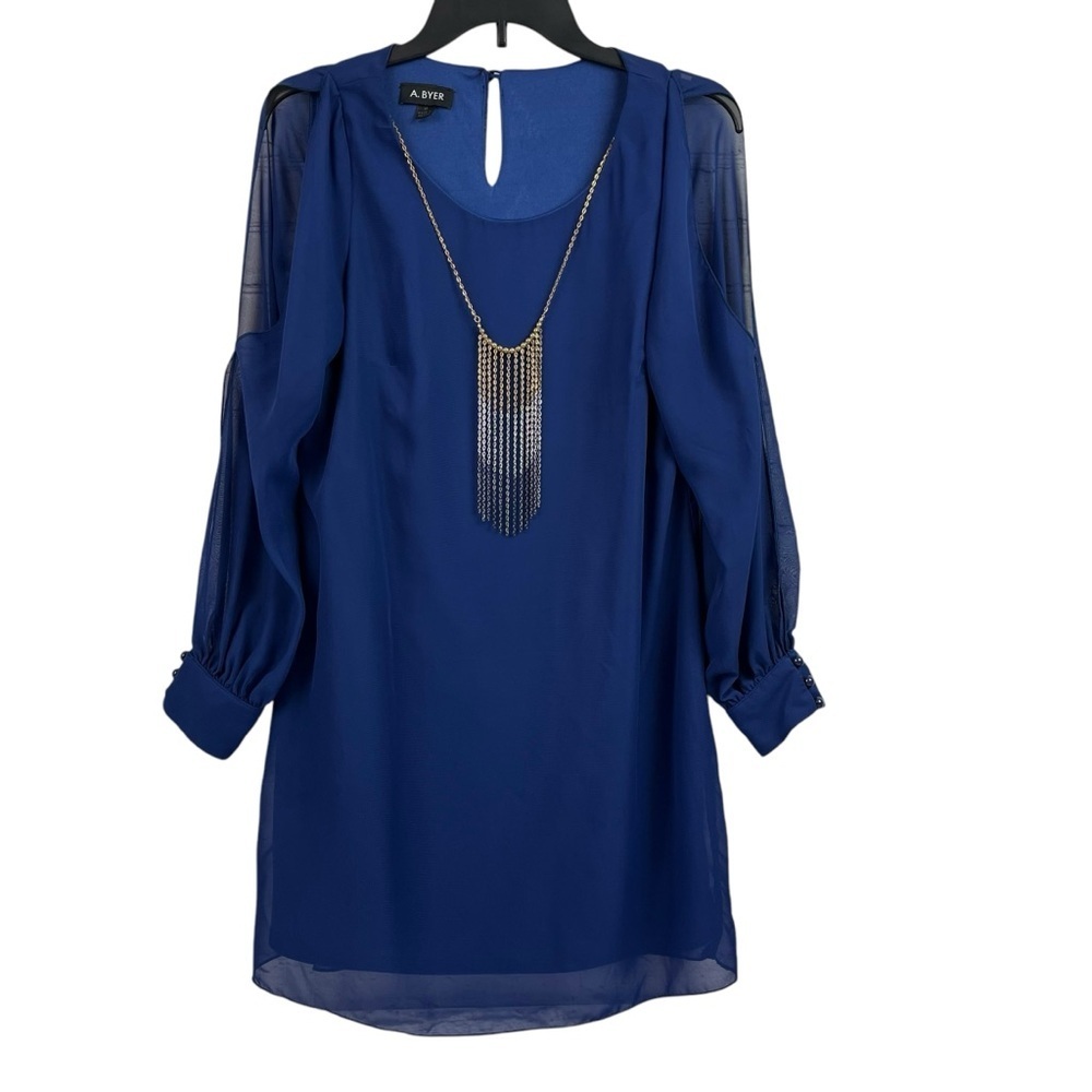 A Byer Womens Semi Overlay Tunic Blouse Open Sleeve Detachable Necklace Blue M